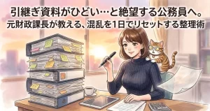 夕暮れのオフィスで、膨大な付箋がついた資料の山とペラ1枚の白紙を前に、冷静に戦略を練る元財政課長のさゆりと丸眼鏡をかけた猫のイラスト。公務員の引継ぎ資料整理をテーマにしたアイキャッチ。