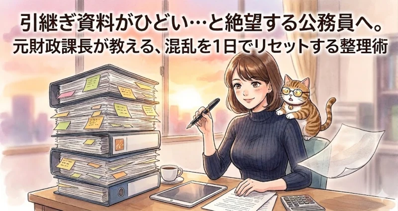 夕暮れのオフィスで、膨大な付箋がついた資料の山とペラ1枚の白紙を前に、冷静に戦略を練る元財政課長のさゆりと丸眼鏡をかけた猫のイラスト。公務員の引継ぎ資料整理をテーマにしたアイキャッチ。