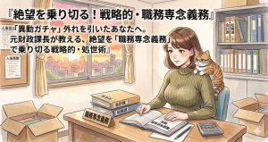 夕暮れのオフィスで、眼鏡をかけた猫に予算の仕組みを教える元財政課長のさゆり。公務員の異動ガチャと生存戦略をテーマにしたイラスト。