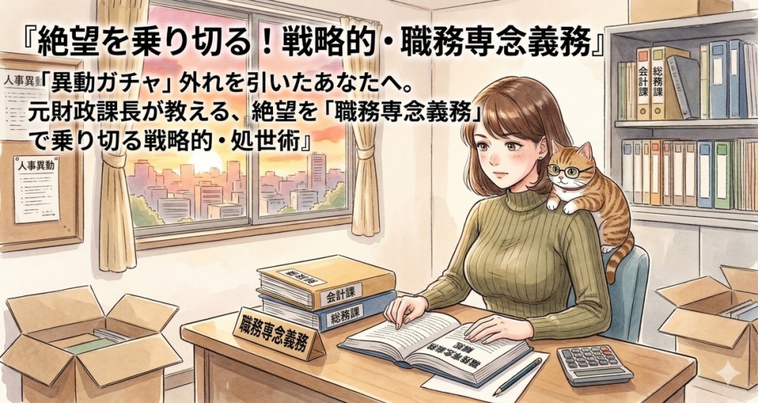 夕暮れのオフィスで、眼鏡をかけた猫に予算の仕組みを教える元財政課長のさゆり。公務員の異動ガチャと生存戦略をテーマにしたイラスト。