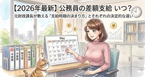 2026年の公務員の差額支給時期を解説する元財政課長とねこのイラスト