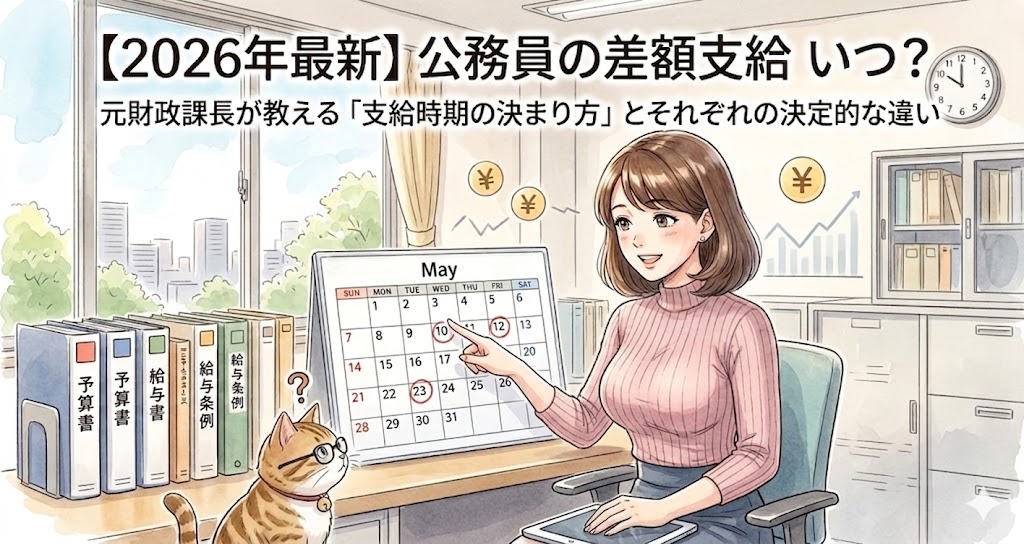 2026年の公務員の差額支給時期を解説する元財政課長とねこのイラスト