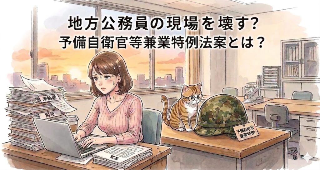 予備自衛官等兼業特例法案を解説するブログのアイキャッチ画像。 ネコと女性のイラスト
