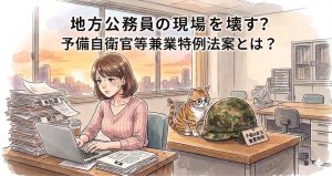 予備自衛官等兼業特例法案を解説するブログのアイキャッチ画像。 ネコと女性のイラスト