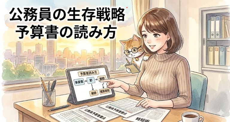 公務員の予算（事業費・節・細節・積算根拠）の階層構造を猫に教える女性のイラスト