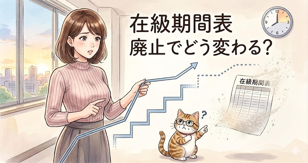 公務員の在級期間表廃止と昇進制度の変化を解説するブログのアイキャッチ画像。女性と猫のイラスト。