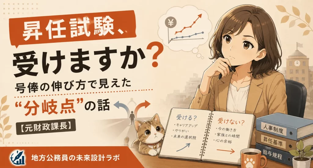 昇任試験を受けない・受からない同期と、受かった同期。号俸の伸び方にどれくらいの差が出るのか。元財政課長が人事評価の現場で見てきた「分岐点」のリアルと、年齢別の逆算思考を解説します。