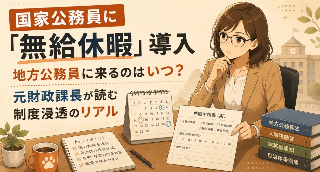 国家公務員に導入される理由不問の無給休暇。地方公務員にいつ降りてくるのか、過去の伝播実例から元財政課長が読み解きます。今のうちにできる備えも解説。