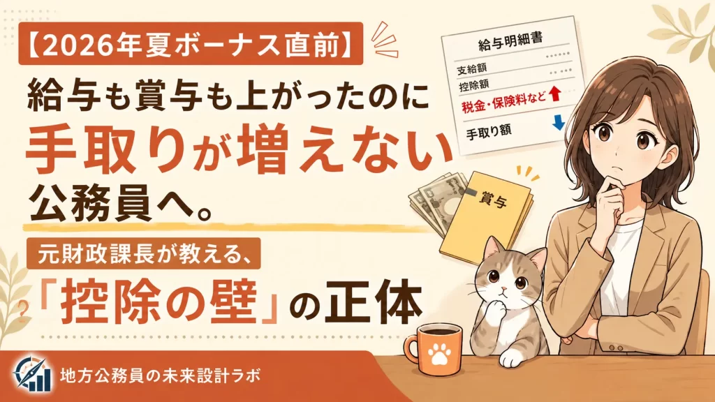 給与明細を見て首をかしげる公務員のイメージ｜手取りが増えない理由を元財政課長が解説