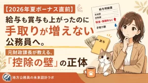 給与明細を見て首をかしげる公務員のイメージ｜手取りが増えない理由を元財政課長が解説