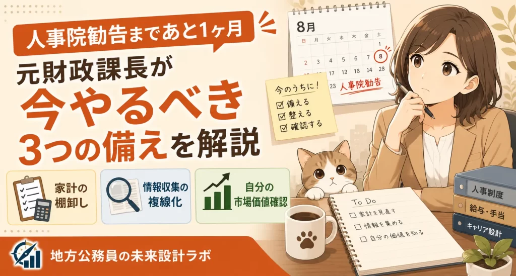 人事院勧告の発表まで残り1ヶ月。結果に一喜一憂する前に、公務員が今のうちにやっておくべき家計の棚卸しと情報収集、そして自分の市場価値の確認方法を、元財政課長のさゆりが解説します。