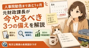 人事院勧告の発表まで残り1ヶ月。結果に一喜一憂する前に、公務員が今のうちにやっておくべき家計の棚卸しと情報収集、そして自分の市場価値の確認方法を、元財政課長のさゆりが解説します。