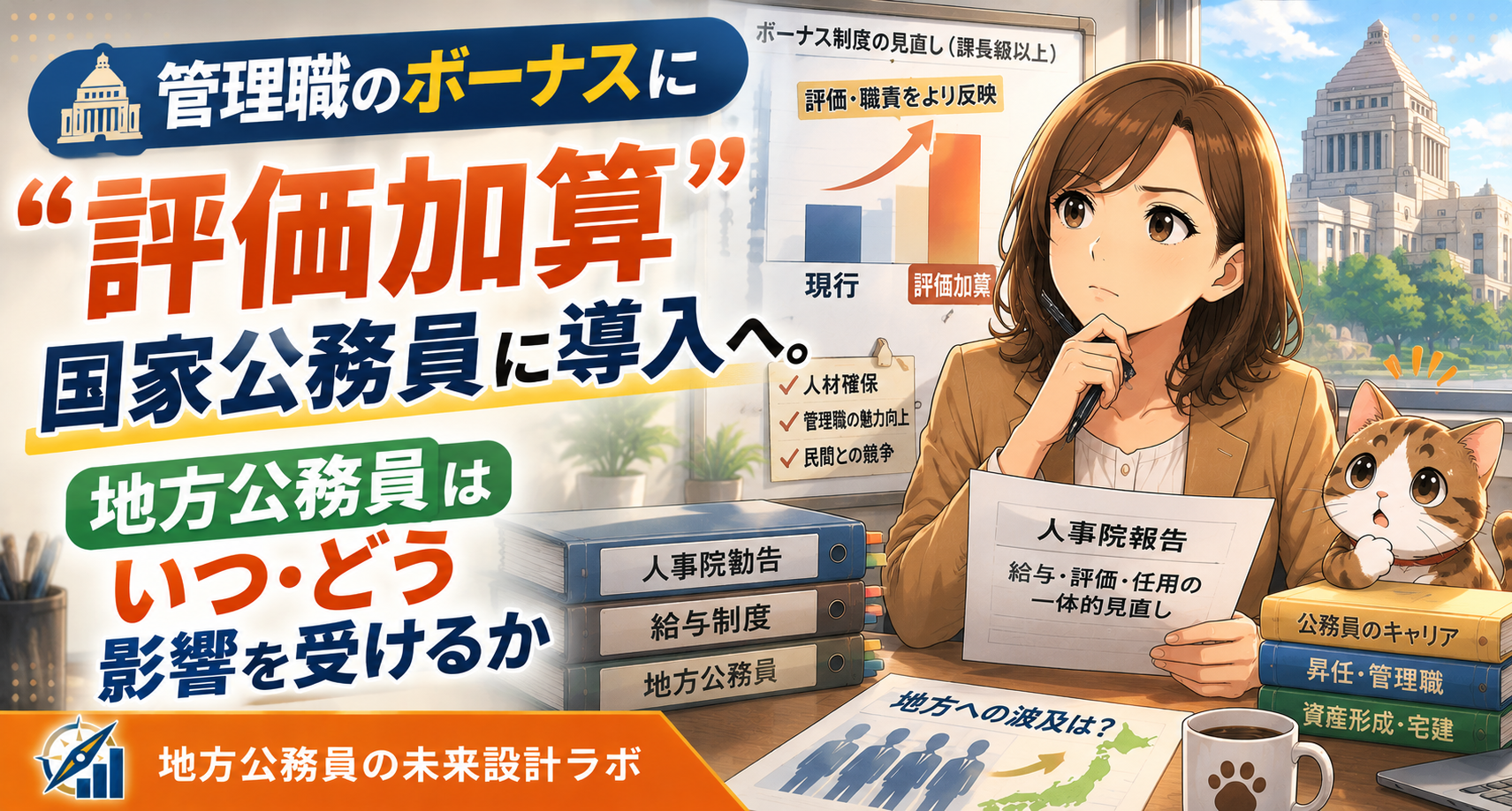 国家公務員の課長級以上に導入検討中のボーナス評価加算。地方公務員への影響と、今からできる備えを元財政課長が解説