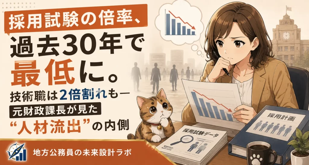 地方公務員の採用倍率が過去30年で最低に。技術職は2倍割れも。元財政課長さゆりが、採用難の構造と、事務系職員にも無関係ではない理由、自分の市場価値を確認する意味を語ります。