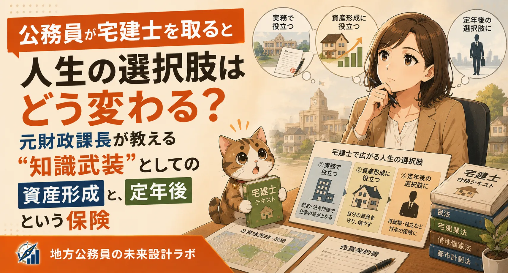 普通財産の処分や公営住宅など、地方公務員の実務は不動産の知識と無縁ではありません。元財政課長さゆりが、在職中に宅建士を取る意味を、実務での活かし方・資産形成の武器・定年後の選択肢という3つの視点から、自身の経験を交えて解説します。