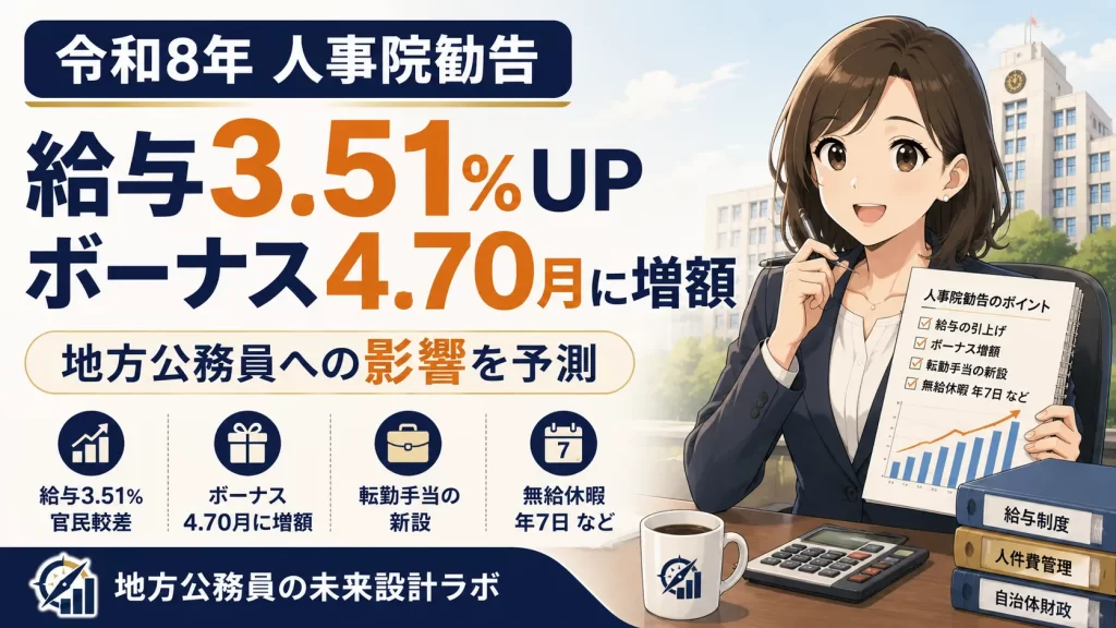 令和8年8月7日発表の人事院勧告を解説。官民較差3.51％・ボーナス4.70月への増額、転勤手当や無給休暇の新設など新制度のポイントに加え、地方公務員の給与への波及タイミングを元財政課長の視点でわかりやすく予測します。